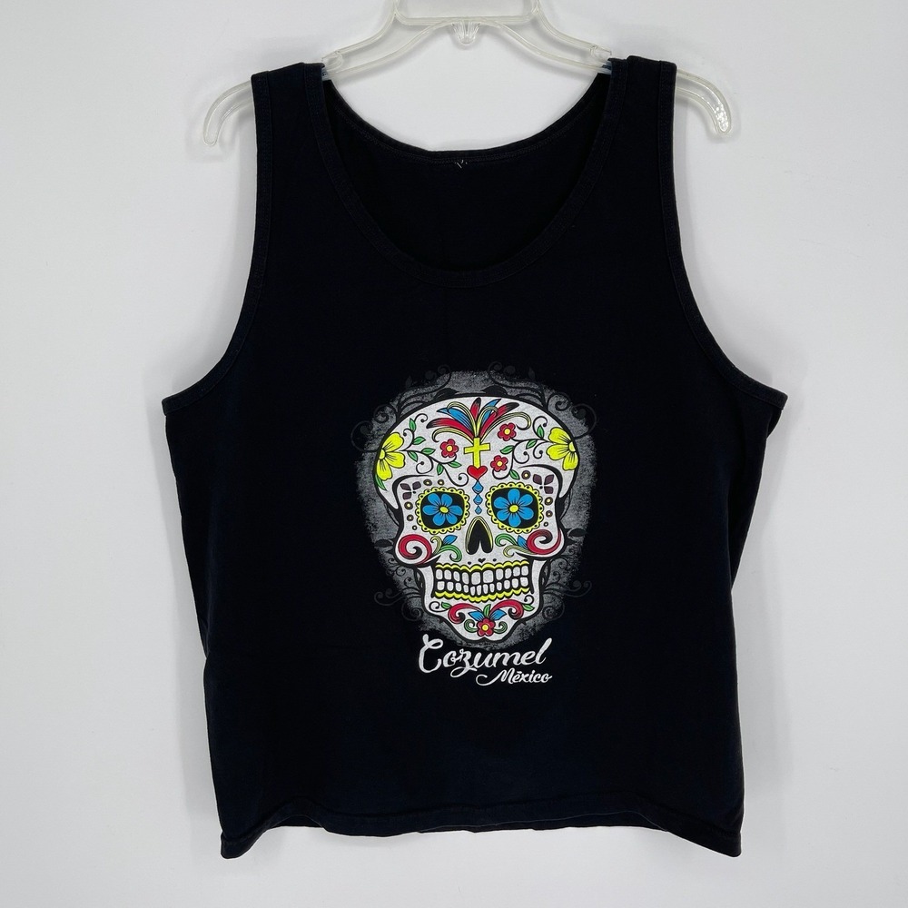 Men's Black Sugar Skull Cozumel Mexico Day of the Dead Graphic Tank Top Size XL